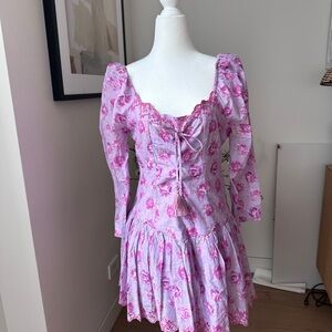 Loveshack Fancy Lavender Pink Floral Lace-Up Mini Dress